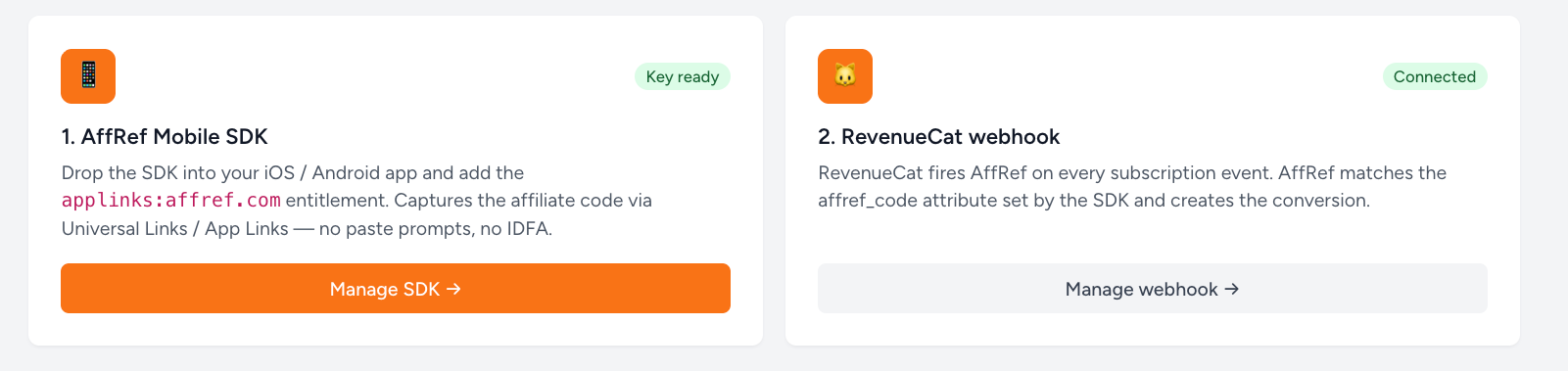 AffRef Mobile SDK and RevenueCat webhook setup cards inside the merchant brand integration page