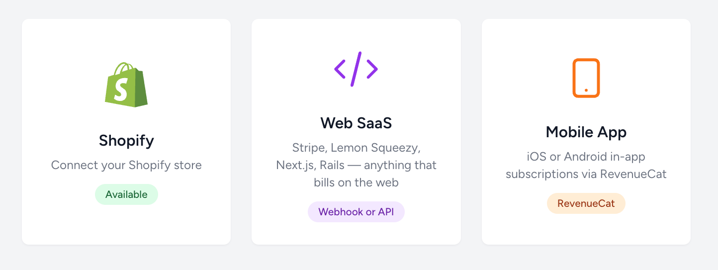 AffRef brand picker showing Shopify, Web SaaS, and Mobile App options